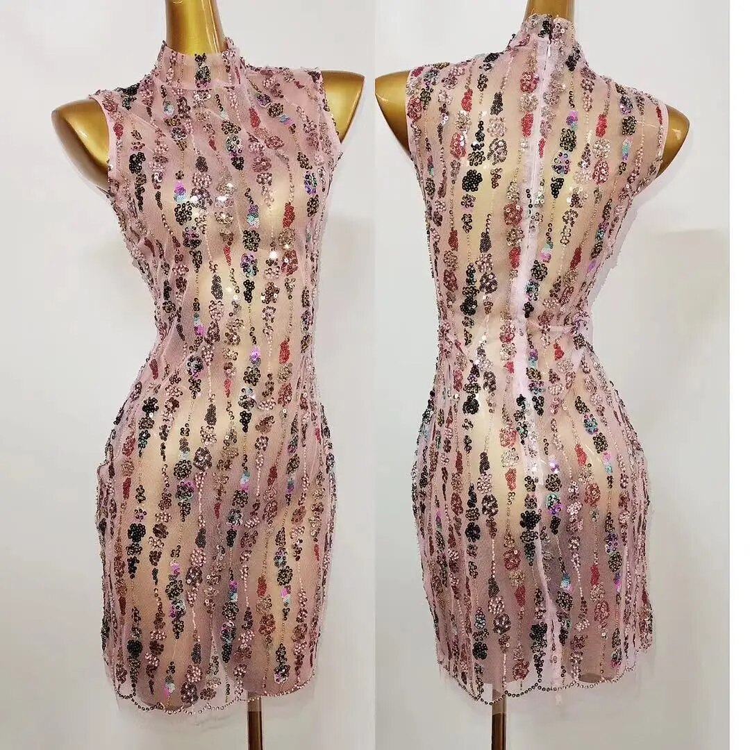 Pink Mesh Glitter Sequin Embroidery Sleeveless Dress Women Singer Bar Club Evening Birthday Party Stage Transparent Dresses