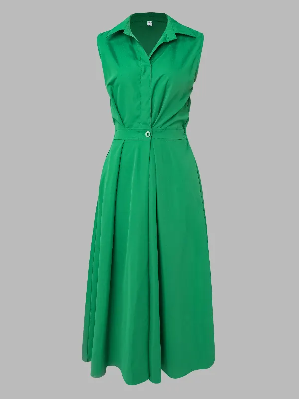 Sophisticated Minimalism: Sleeveless Lapel Midi Dresses in Solid Color