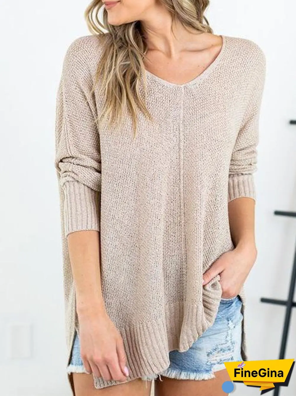 Women's Pure Color Casual V-neck Knitted Long Sleeve Sweater Top