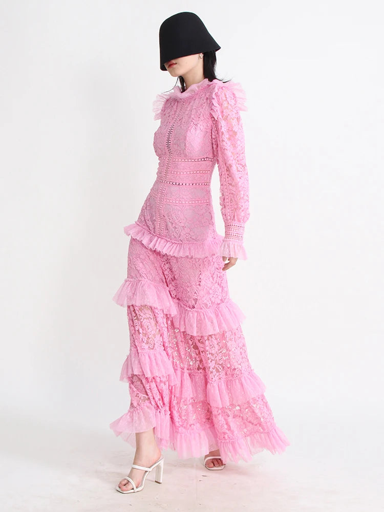 Off White And Yellow Ochre Flamingo Printed Dress With A Detachable Belt Detailing On The Yoke