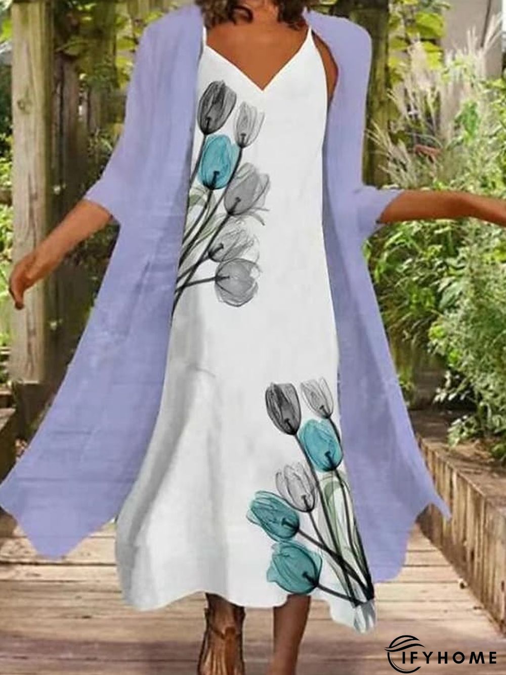 Women's Dress Set Two Piece Dress Shift Dress Daily Going out Fashion Streetwear Print Midi Dress Strap 3/4 Length Sleeve Floral Loose Fit Pink Light Purple Spring Summer S M L XL XXL | IFYHOME