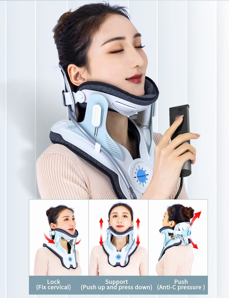 A modern cervical traction device designed to provide neck pain relief. The Cervitrax Gen-2 features an ergonomic design with adjustable straps, comfortable padding, and an easy-to-use inflation pump. The device is shown in use, supporting the user's neck and gently stretching the cervical spine for therapeutic benefits.