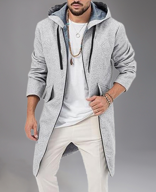 Casual Woolen Two-Way Zipper Pockets Drawstring Hooded Overcoat