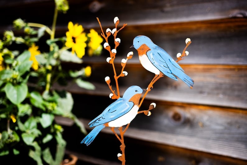 Hand Painted Metal Bluebirds on Spring Willow Garden Stake Bluebirds Silhouette Rusted Metal Yard Art Garden Gifts S928P image 1