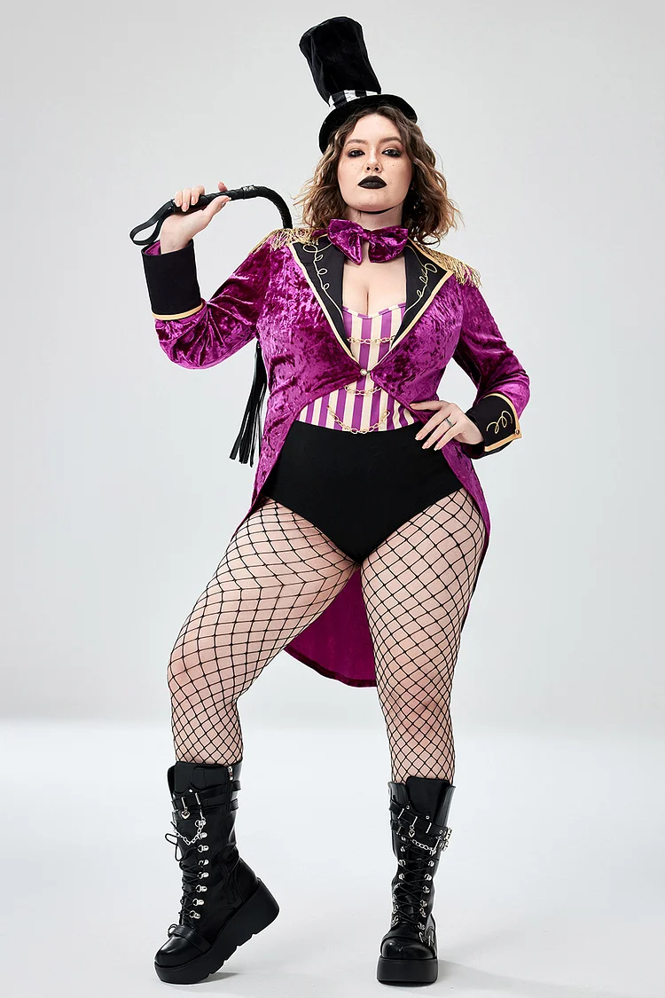 Xpluswear Design Plus Size Halloween Costume Purple Velvet Bodysuit Two Pieces Set (Without Hat)
