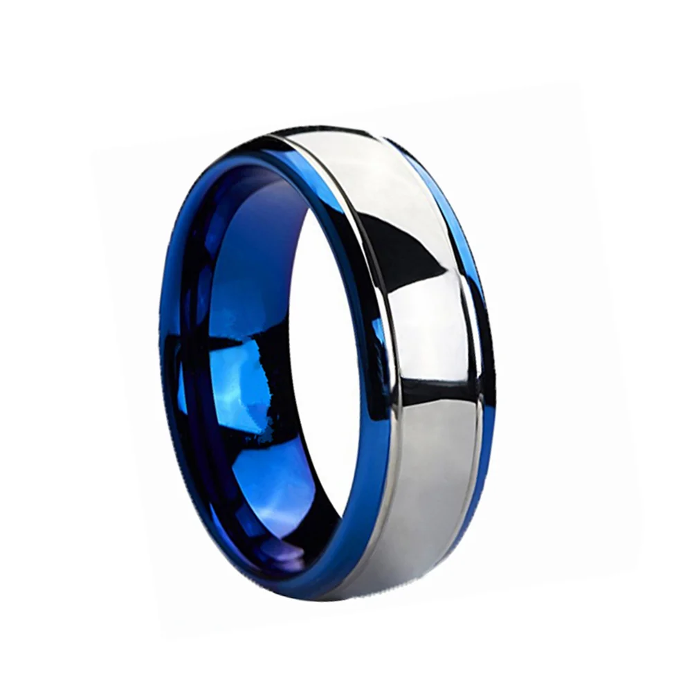 6MM 8MM 10MM Couples Blue and Silver Dome Gunmetal Tungsten Carbide Rings