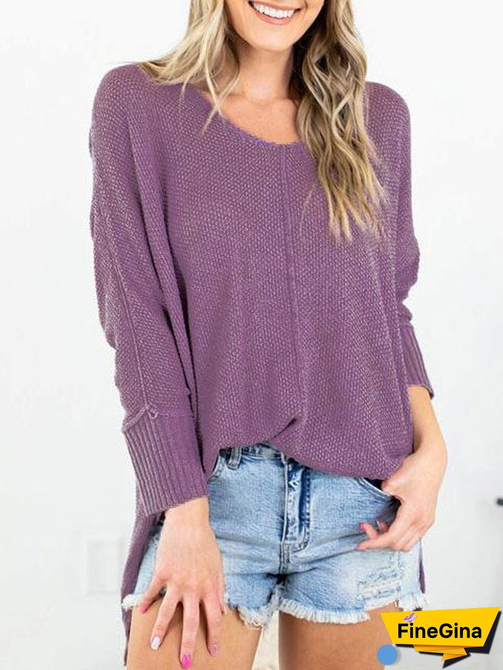 Women's Pure Color Casual V-neck Knitted Long Sleeve Sweater Top