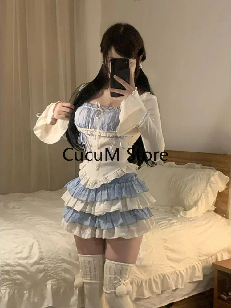 Uaang Autumn Japanese Style Kawaii 2 Piece Skirt Set Women Slim Casual Tops + Sexy Bodycon Mini Cake Skirt Party Fashion Suit