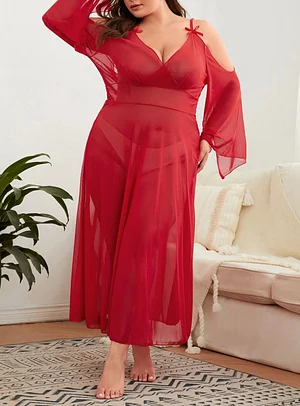 Deep V Back Cutout Solid Sheer Mesh Babydoll
