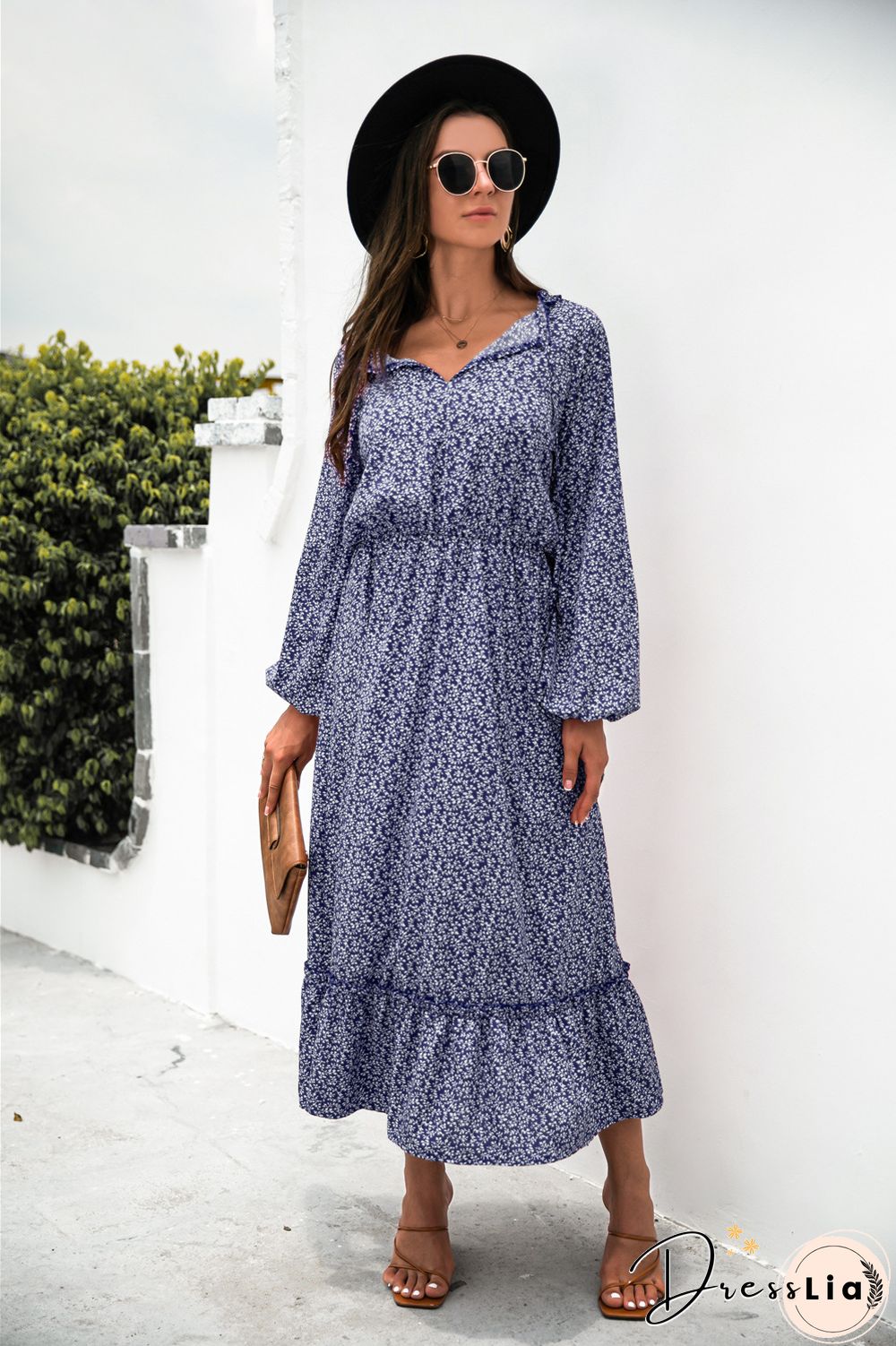 Long Sleeve V-neck Floral Dress