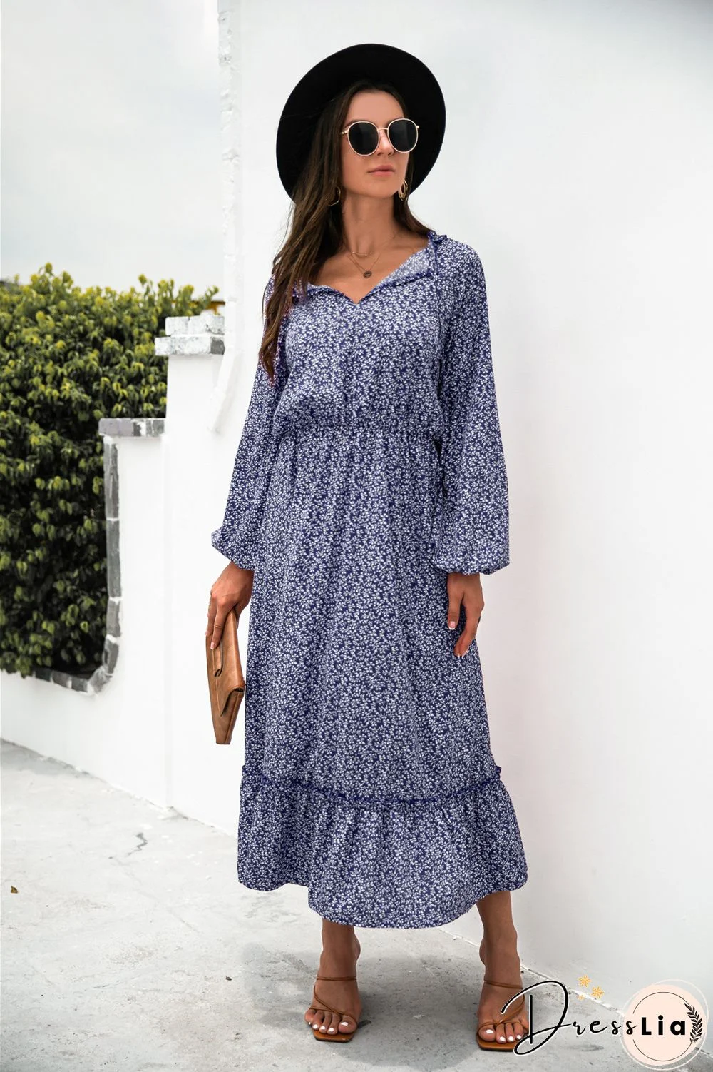 Long Sleeve V-neck Floral Dress