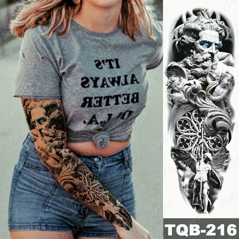 Large Arm Sleeve Tattoo Lion Cross Prayer Waterproof Temporary Tatto Sticker Tiger Beach Compass Body Art Full Fake Tatoo Men