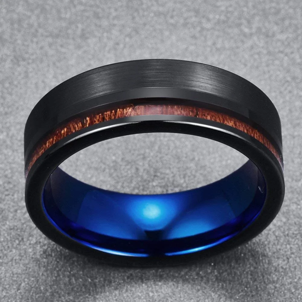 8MM Koa Wood Inlay Tungsten Carbide Wedding Bands Black Brushed Promise Mens Womens Flat Edge Comfort Fit for Couple