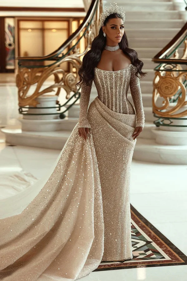  Champagne Sequin Wedding Dress Long Sleeves Mermaid Pleated - ohprom