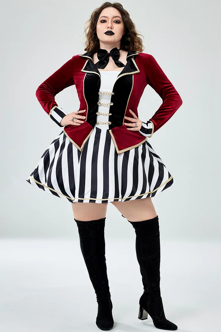 Xpluswear Design Plus Size Halloween Costume Burgundy Velvet Mini Dress (With Hat And Bow Tie) [Pre-Order]