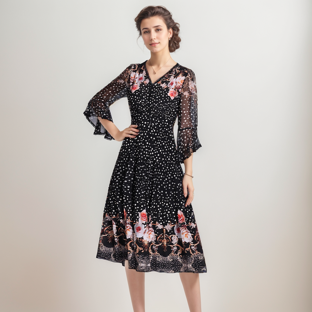 Robe en Soie Rétro Fleur Fragmentée- SOIE PLUS