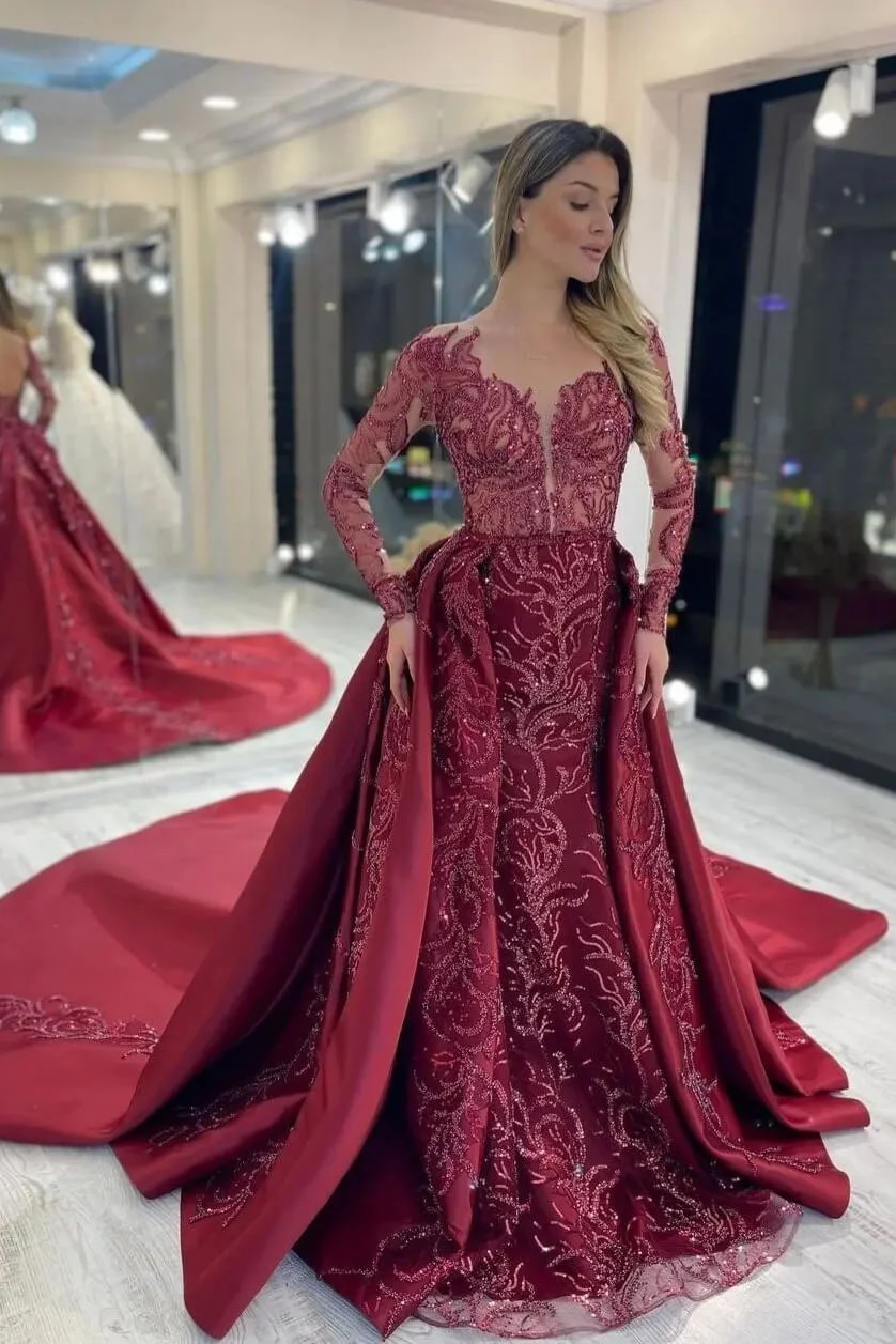 Elegant Burgundy Appliques Mermaid Long Ruffles Evening Dress With Overskirt | Ballbellas Ballbellas