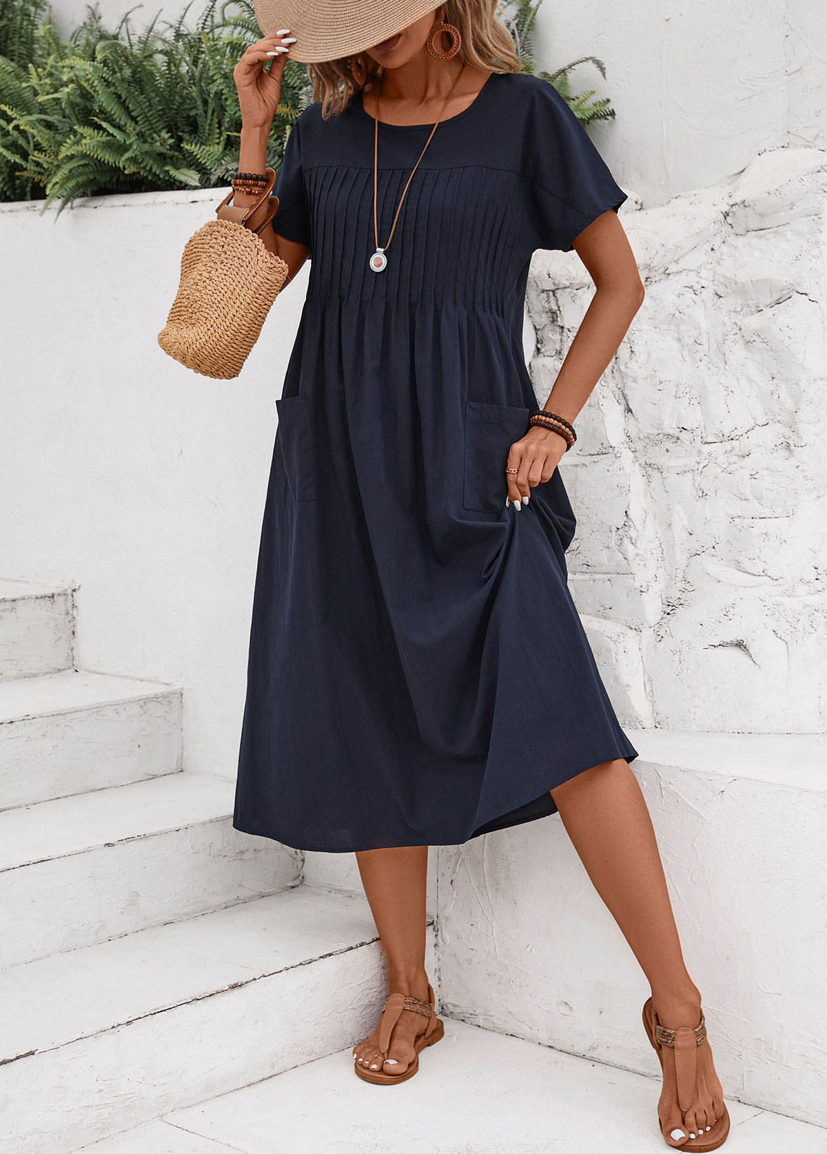 MODLILY DESIGN Navy Tuck Stitch Short Sleeve Round Neck Dress