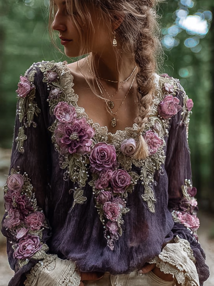 Bohemian Style Round Neck Long Sleeve 3d Purple Flower Design Cotton And Linen Top For Women