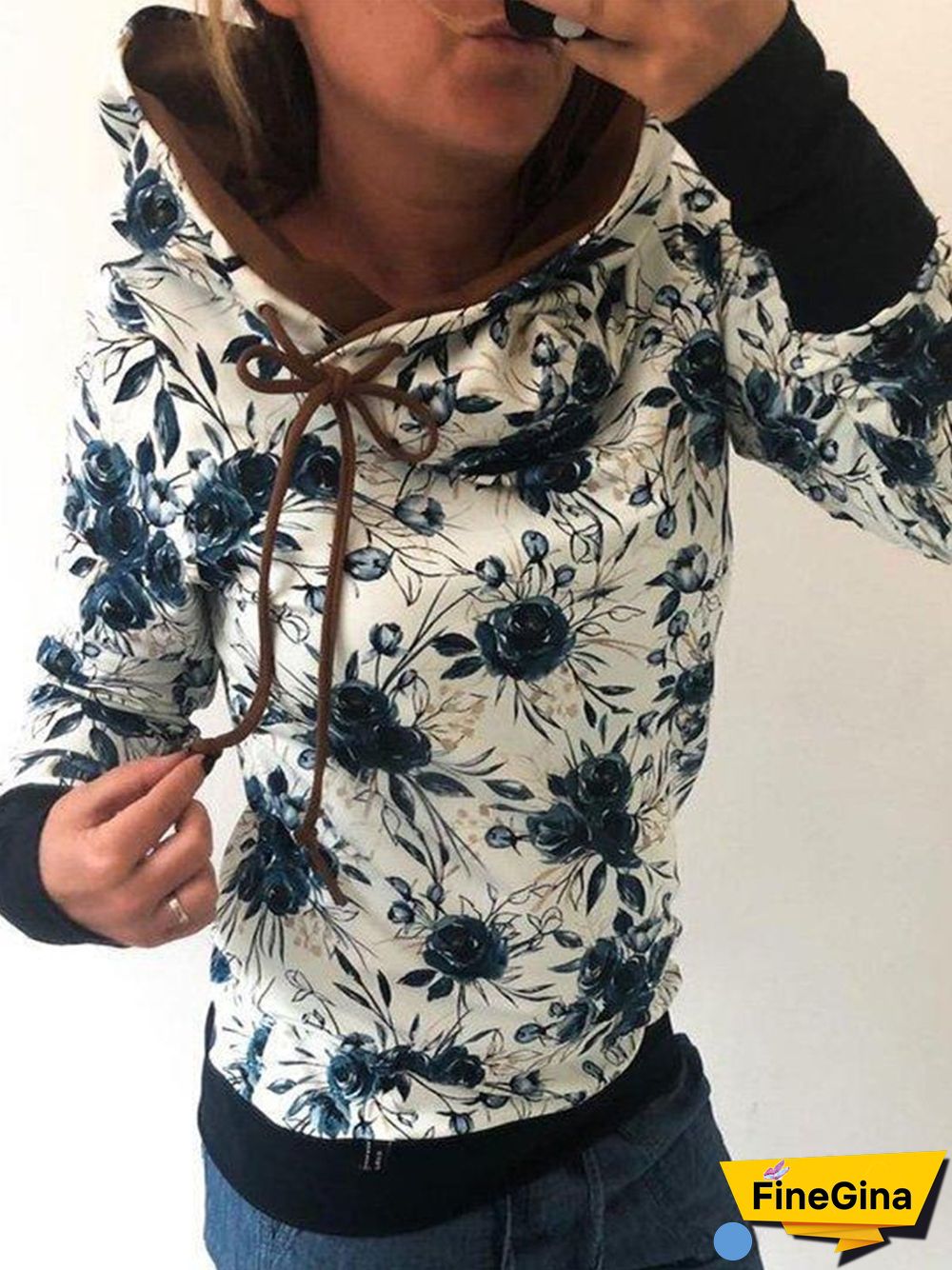 Vintage Floral Printed Paneled Hoodie Color-Block Long Sleeve Plus Size Casual Sweatshirts