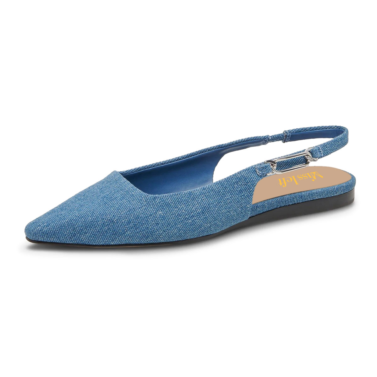 Blue Denim Chain Slip-On Flat Slingback Shoes with Pointed Toe Nicepairs