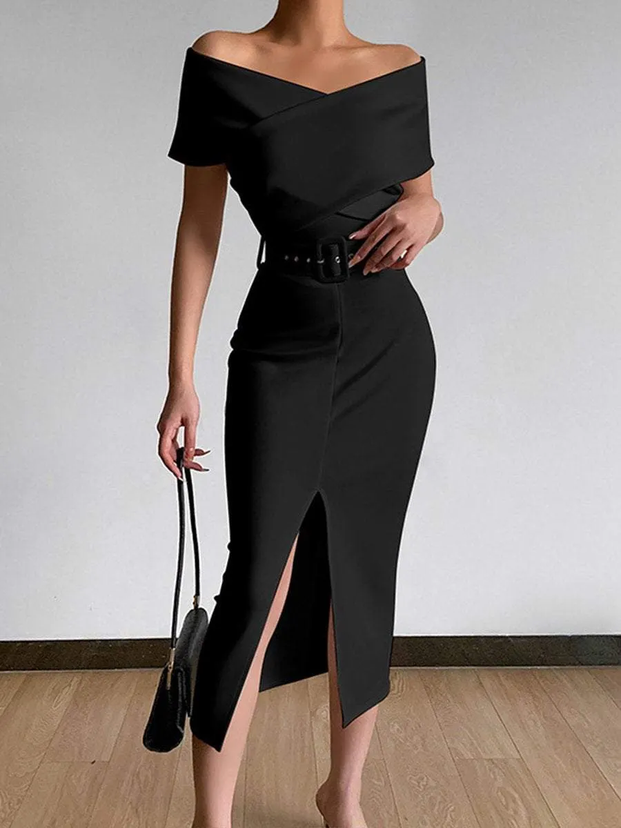 New Off Shoulder Belt Slit Evening Dress
