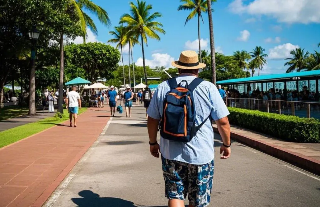 A man travel in big and tall matching set with his bag.