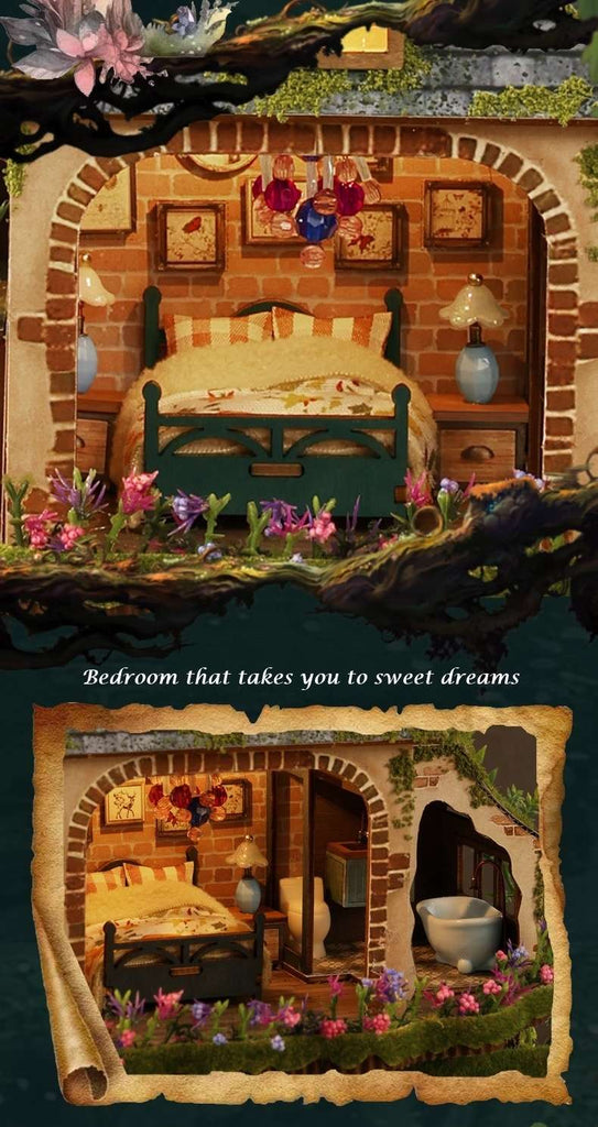 image displaying miniature scenes of serene bedroom in the Forest Adventure DIY Miniature House Kit