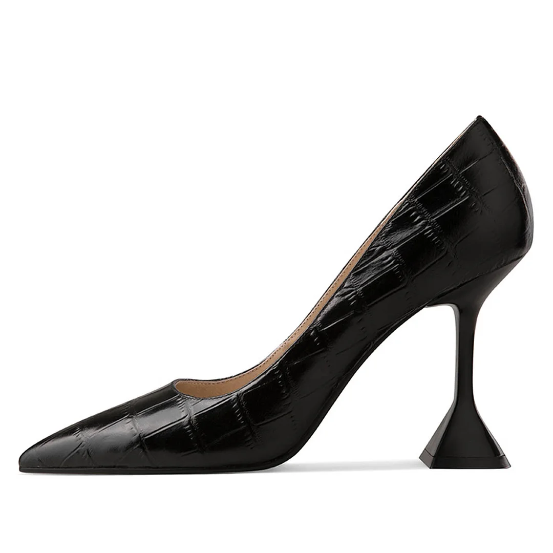 Black Crocodile Embossed Pointed Toe Flared Heel Pumps for Women