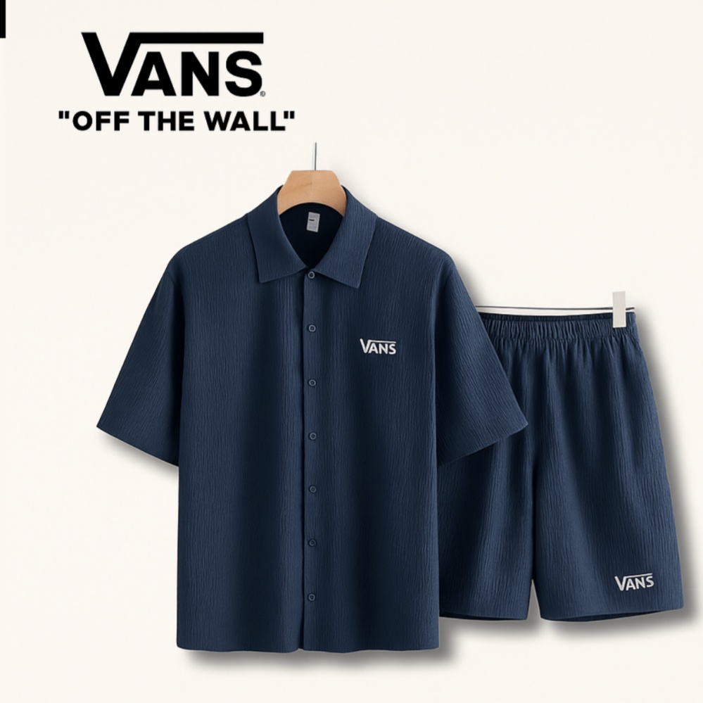 Vans men's two-piece casual set, including a textured short-sleeved shirt and matching shorts