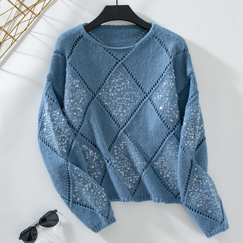 New In Hollow Out Sequin Knitted Sweater For Women Autumn Winter Korean Style Fashion Knitted Pullover Loose Casual Knitwear