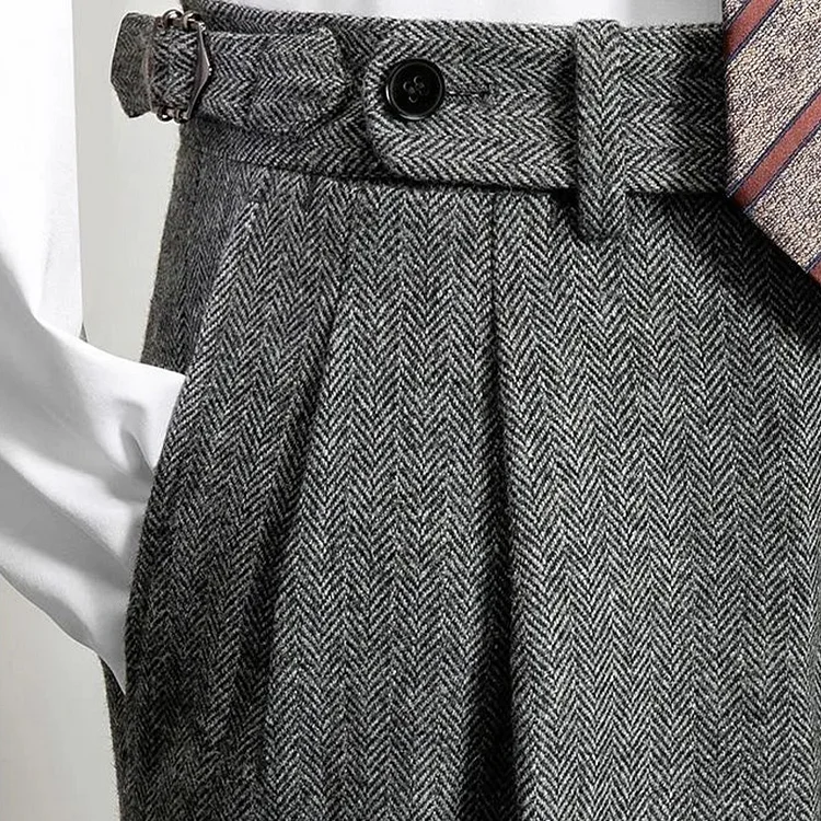 Men's Fall And Winter Herringbone Tweed High-Waisted Pants