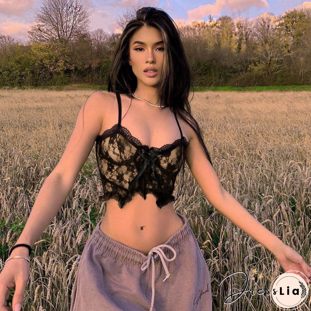 Womens Sexy Floral Lace Camisole Sleeveless Spaghetti Strap V Neck Crop Cami Tops With Bow