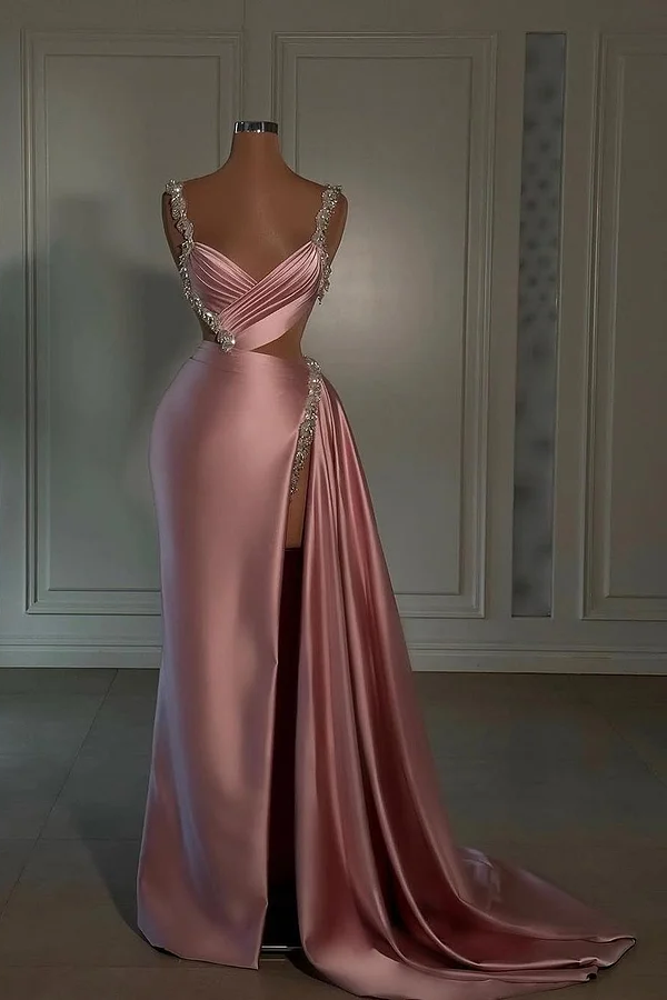 Lisliy Pink Sleeveless Spaghetti Straps V-Neck Beads Mermaid Prom Dress