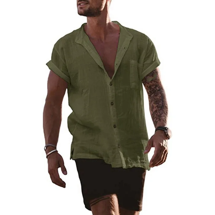 Men’s Cotton Linen Solid Loose Short Sleeve Pocket Simple Casual Shirt