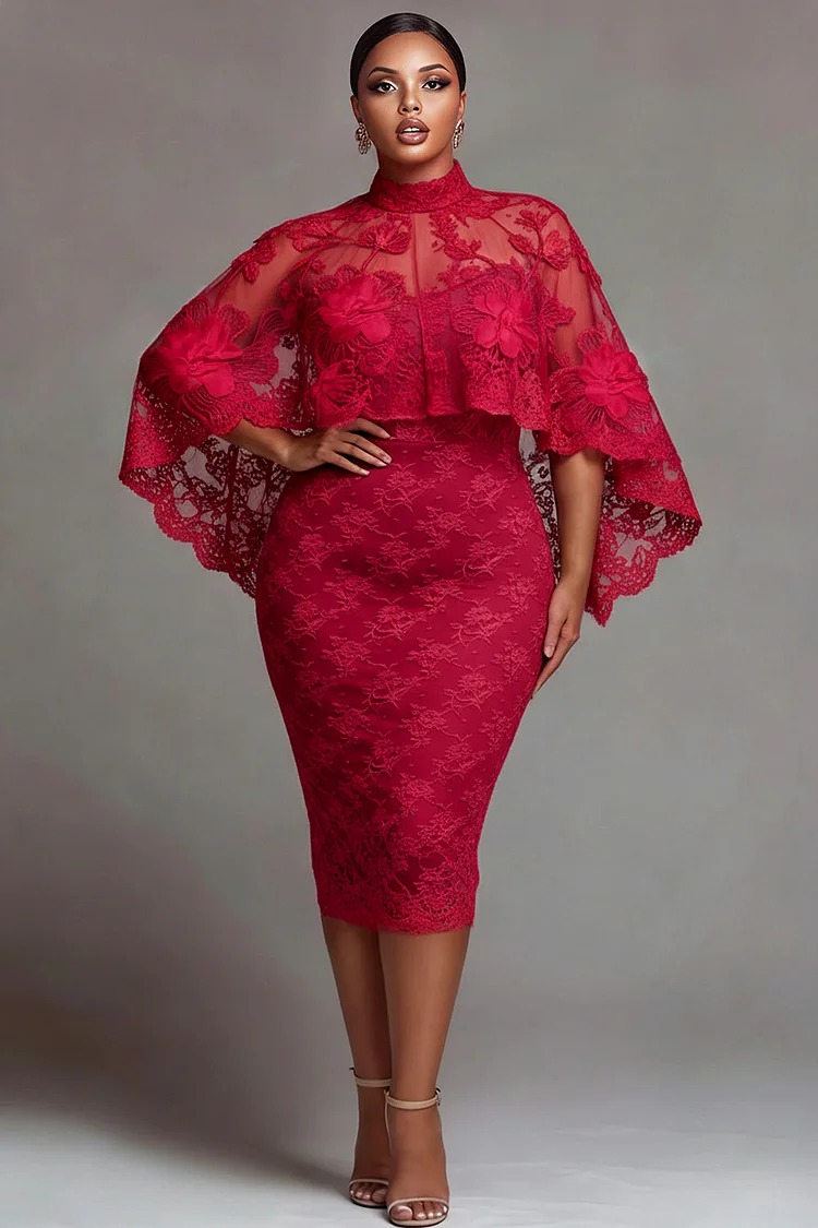 Xpluswear Design Plus Size Valentines Red Round Neck Cape Sleeve Half Sleeve See Through Guipure Lace Midi Dresses [Pre-Order]