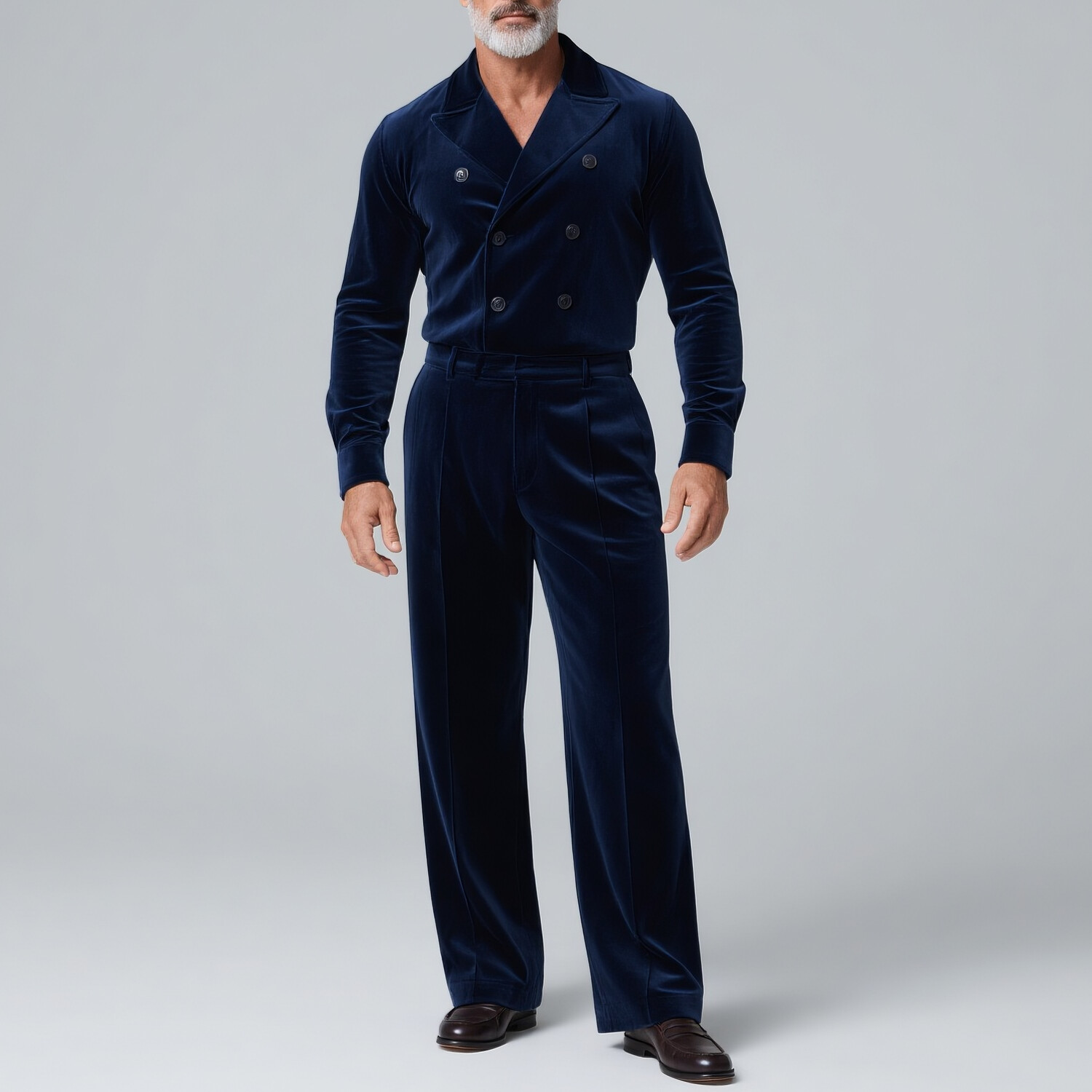 Men's Velvet Double Breasted Peak Lapel Long Sleeve Shirt & Pants 2Pcs Set