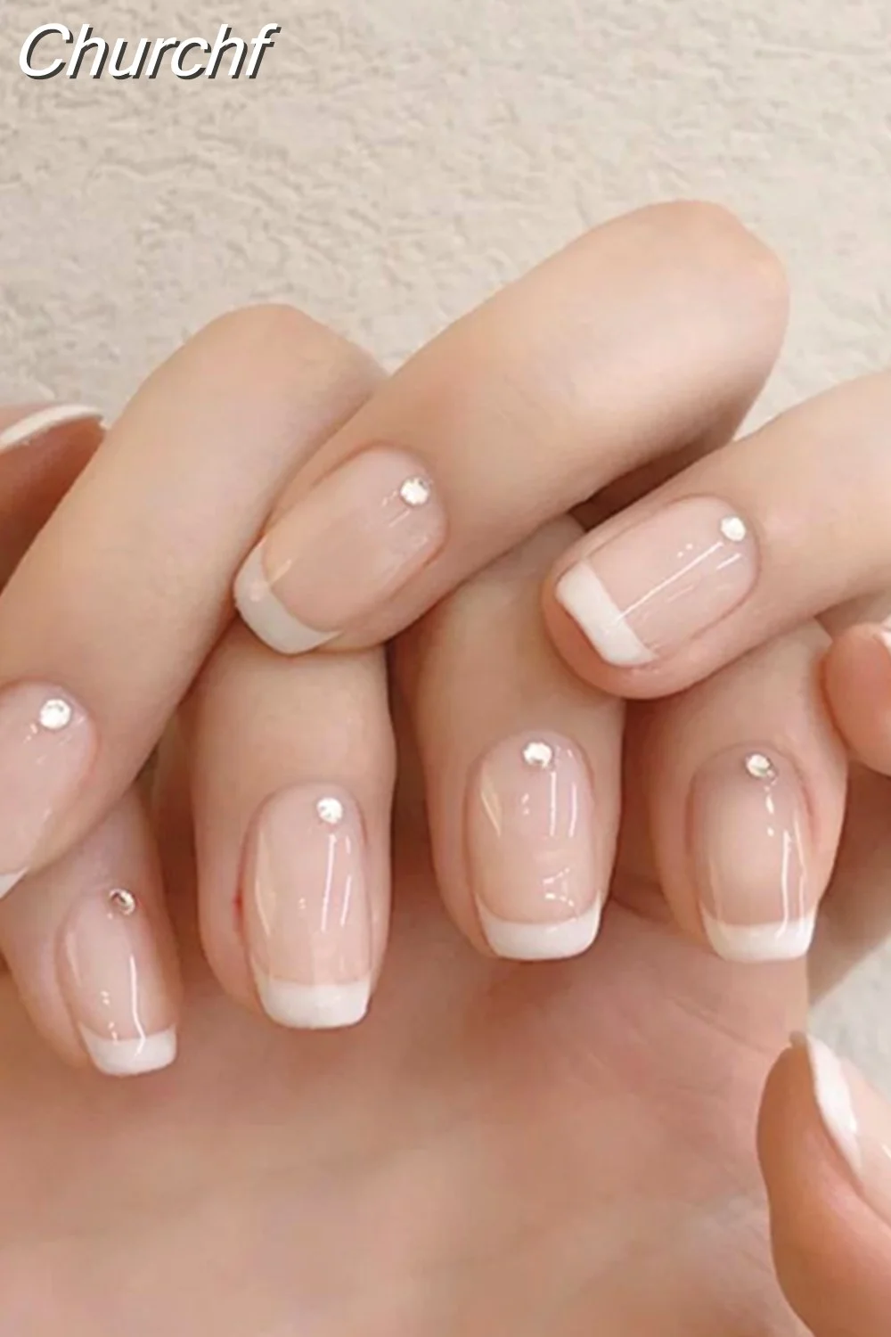 Churchf French White Side False Nails Wearable Rhinestone Desgin Fake Nails Short Simple Nail Full Cover Nail Tips Press On Nails-Nail Inspo