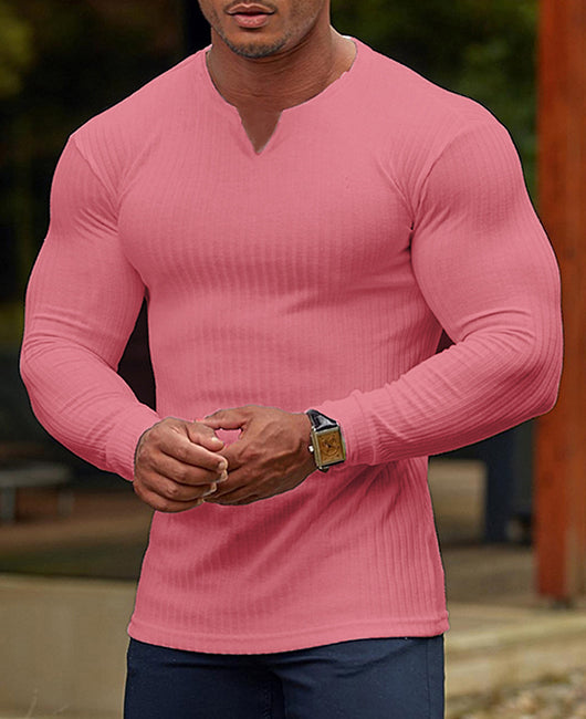 Notched Neck Ribbed Casual Shirt