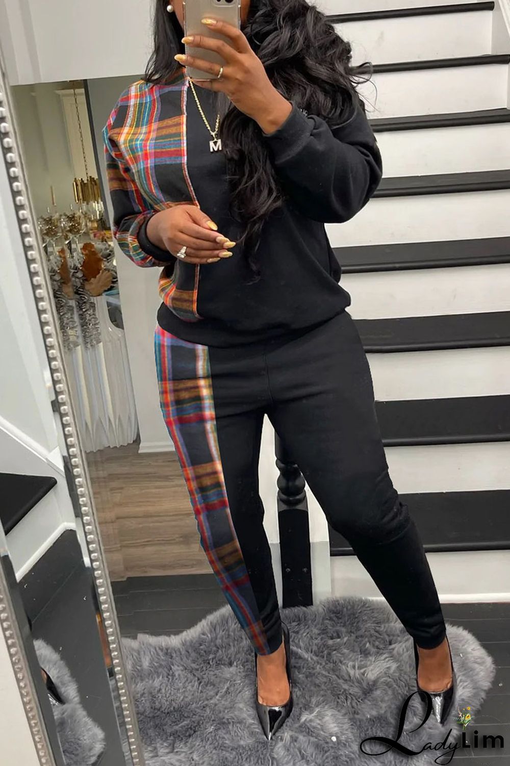 Grey Casual Plaid Print Patchwork O Neck Long Sleeve Two Pieces