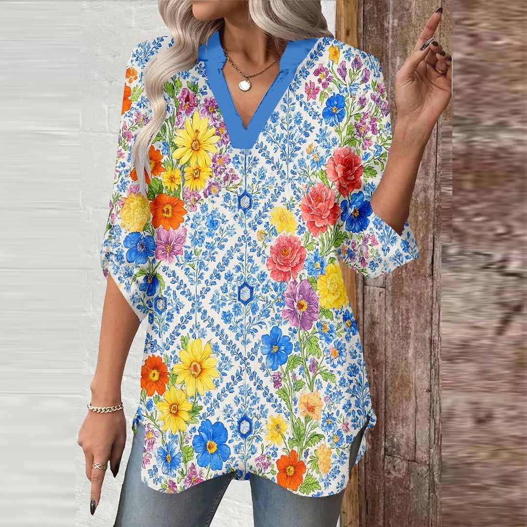 Women Floral, Blue, Yellow DZGA0163 3/4 Sleeve V-neck Printed Graphic Button Tops