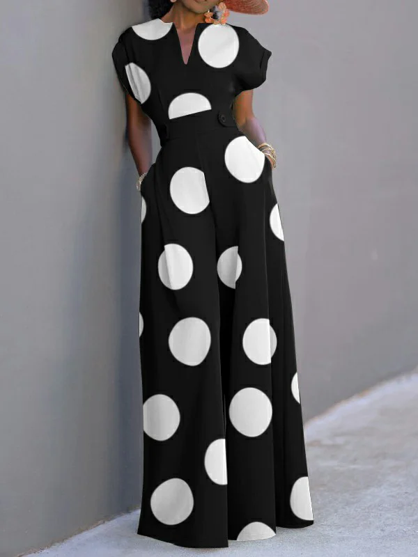 Polka-Dot Wide Leg Short Sleeves V-Neck Jumpsuits