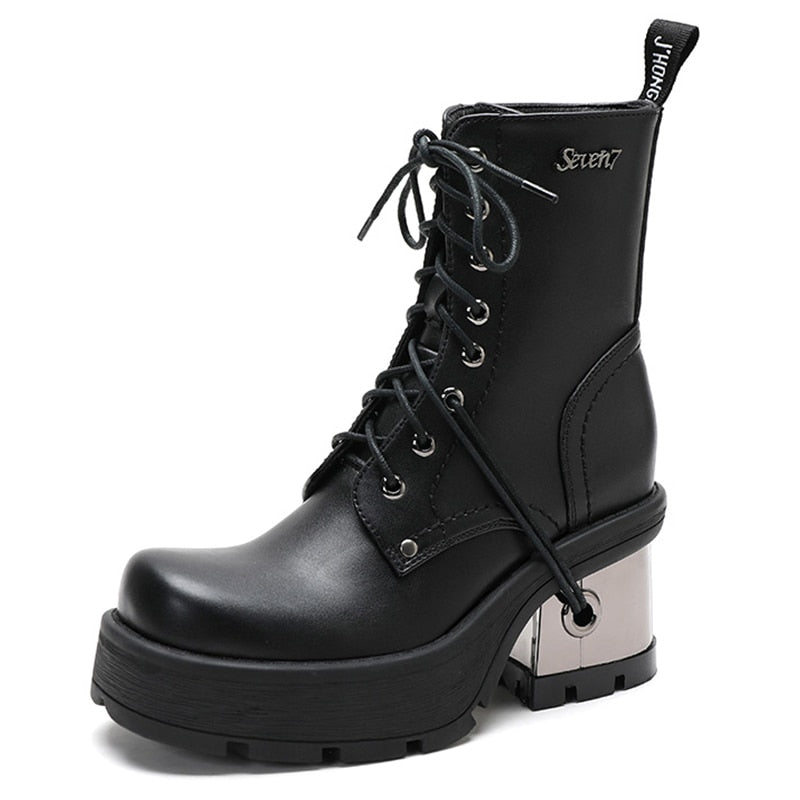 VCSHOES Metal Heel Black Punk Platform Motorcycle Boots Rubber Sole Thick Heel Leather Demonia Boots Top Quality