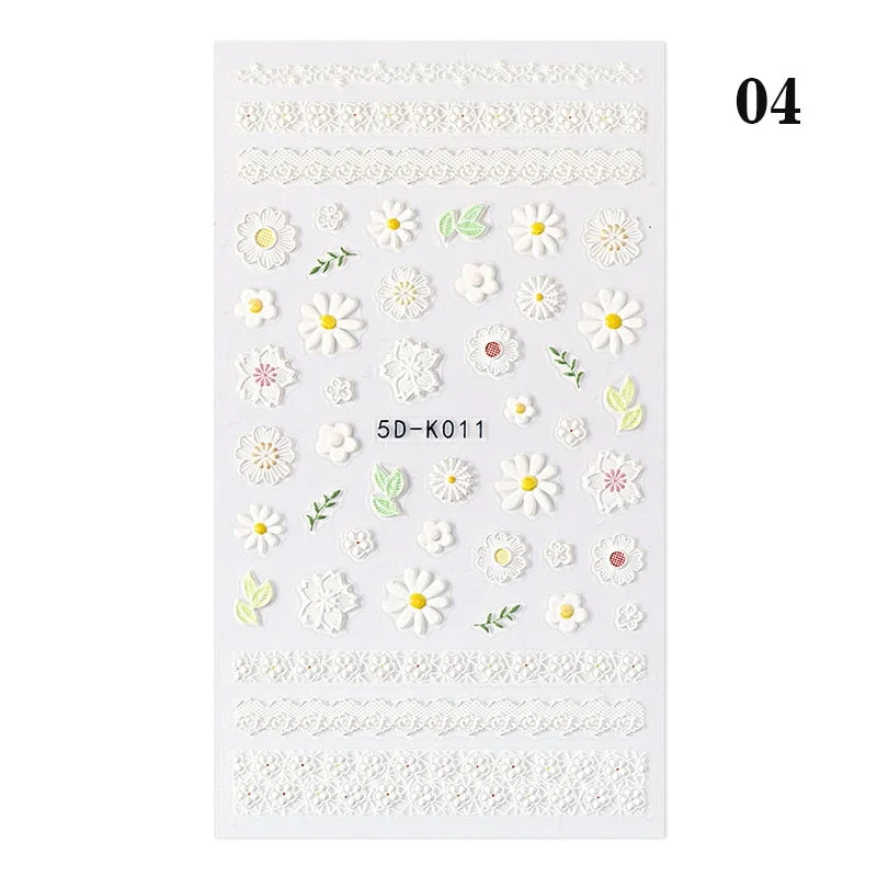 1PC White Embossed Flower Lace 5D Nail Stickers Flower Butterfly Wedding Nail Art Designs Decoration For Manicures