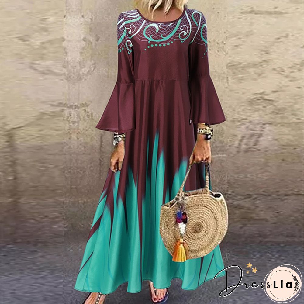 Women Kaftan Party Color Printed Long Shirt Dress Casual Flare Sleeve O Neck Slim Maxi Sundress