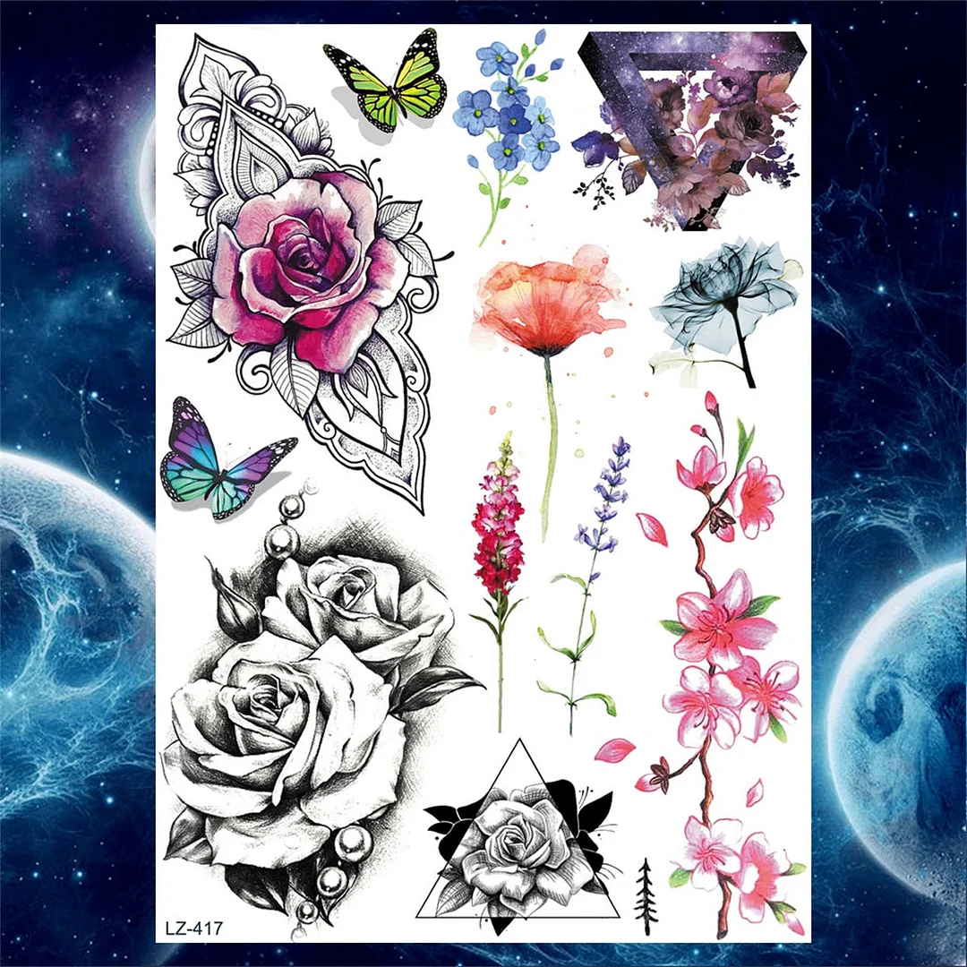 Flower Skull Temporary Tattoos For Women Men Adults Evil Skeleton Tattoo Sticker Fake Lavender Big Rose Black Tatoos Body Thigh