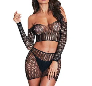 Fishnet Long Sleeve Crop Top Skirt Set