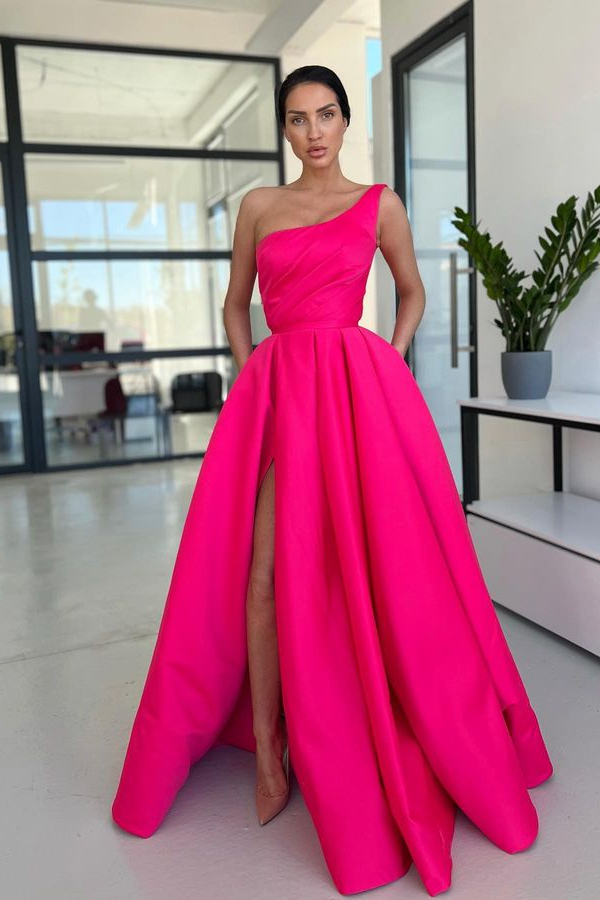 Ovlias Pink One Shoulder A Line Prom Dress Pleated with High Slit ED0634