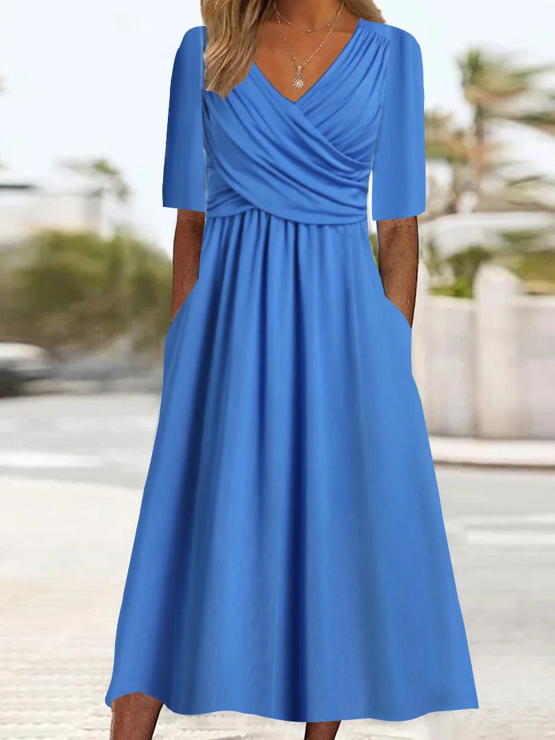 Women Half Sleeve V-neck Solid Color Dress