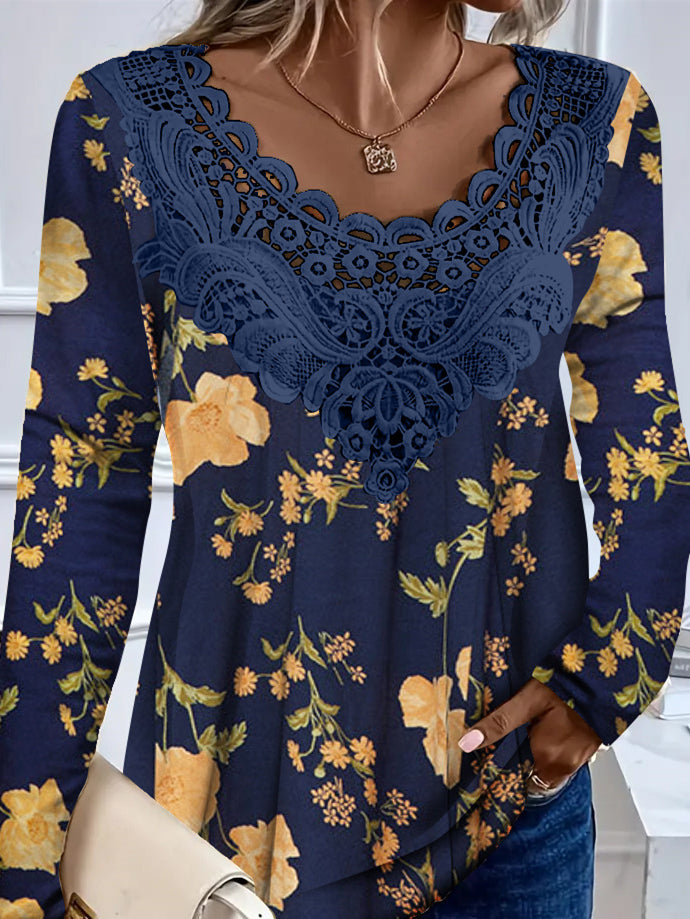 Women's Long Sleeve Scoop Neck Floral Printed Lace Stitching Top